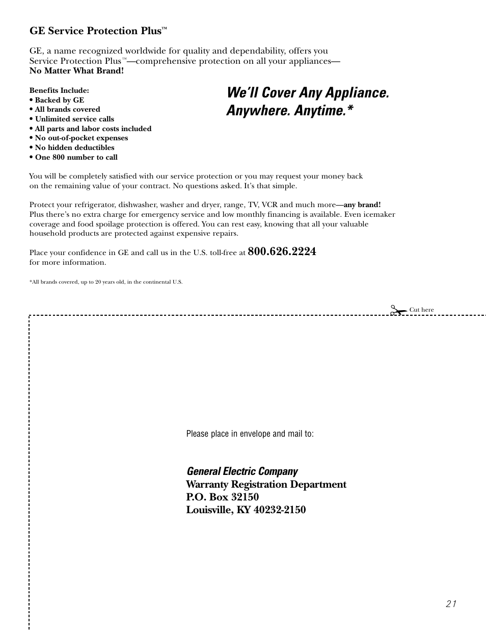 Product registration, Product registration , 22, We’ll cover any appliance. anywhere. anytime | GE JV935 User Manual | Page 21 / 24