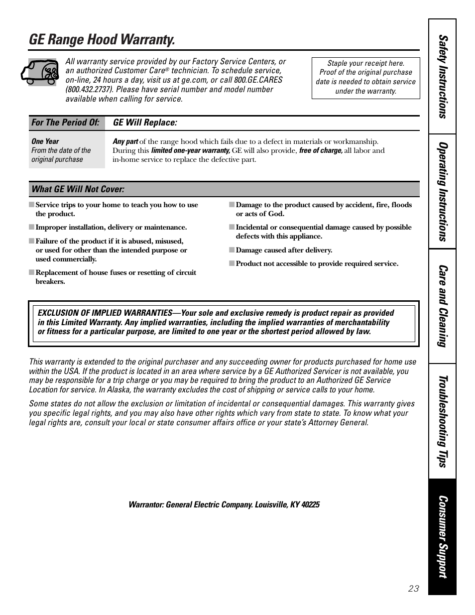 Warranty, Ge range hood warranty | GE JV935 User Manual | Page 23 / 24