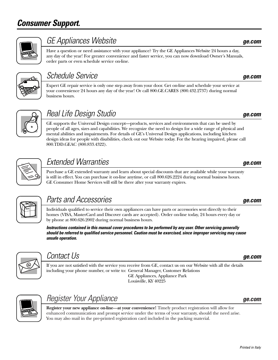 Consumer support, Consumer support . . . back cover, Register your appliance | Consumer support. ge appliances website, Schedule service, Real life design studio, Extended warranties, Parts and accessories, Contact us | GE JV935 User Manual | Page 24 / 24