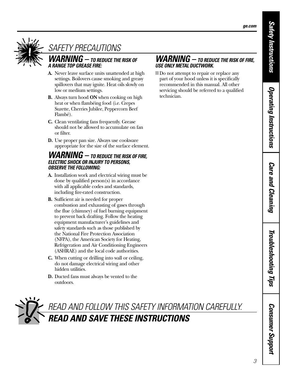 Warning | GE JV935 User Manual | Page 3 / 24