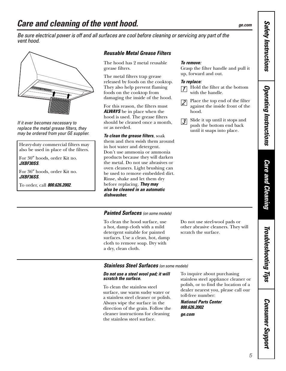 Grease filters, Hood surfaces, Stainless steel surfaces | Hood surfaces stainless steel surfaces, Care and cleaning of the vent hood | GE JV935 User Manual | Page 5 / 24