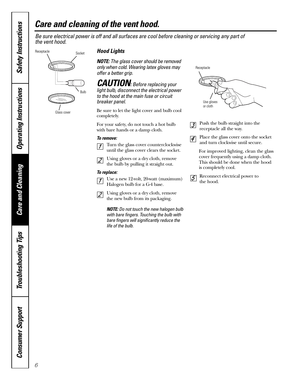 Hood lights, Care and cleaning of the vent hood, Caution | GE JV935 User Manual | Page 6 / 24