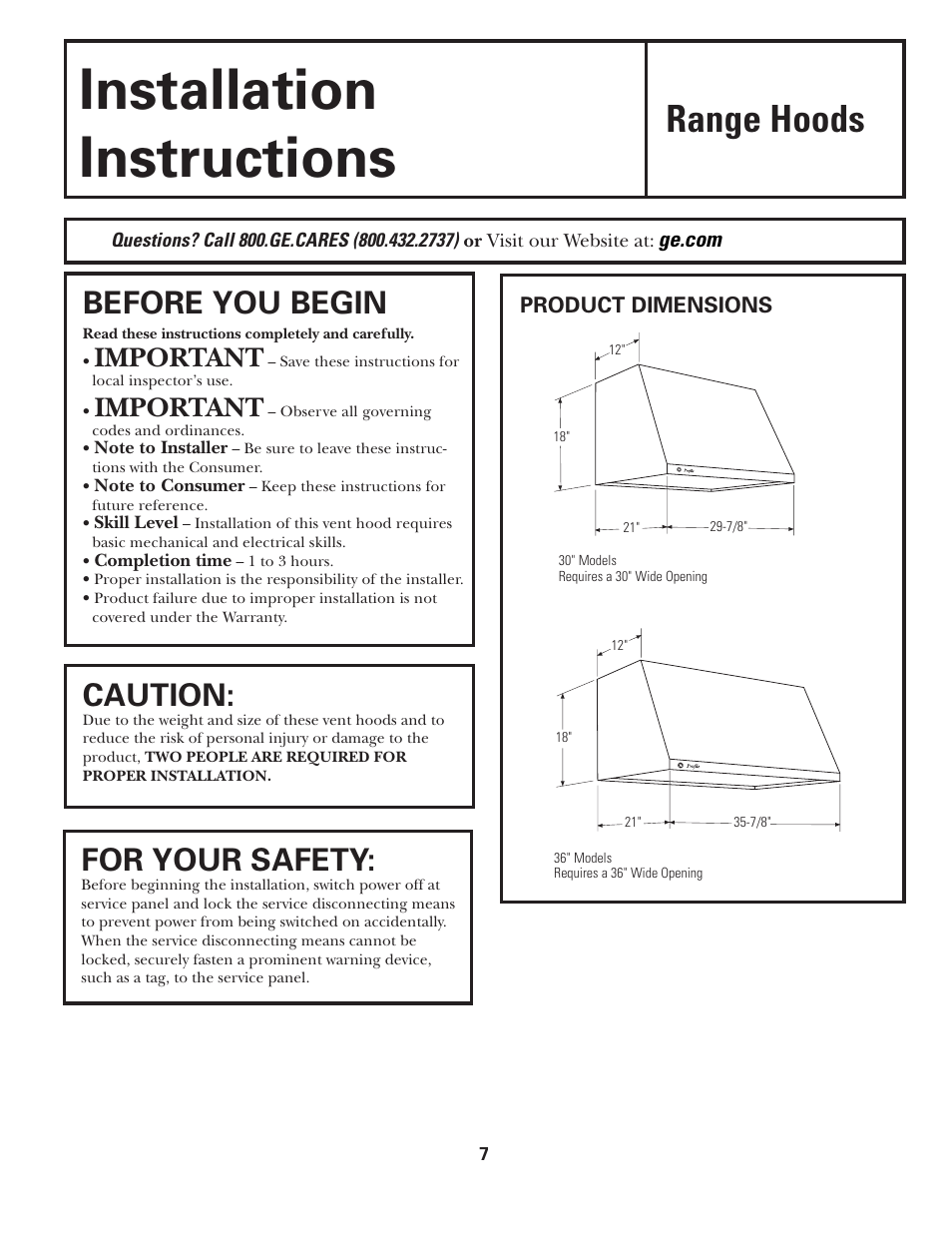 Installation instructions, Range hoods, Before you begin | Caution, For your safety, Important | GE JV935 User Manual | Page 7 / 24