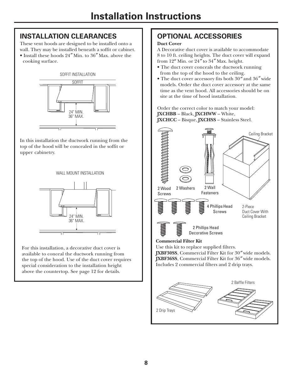 Installation instructions, Optional accessories, Installation clearances | GE JV935 User Manual | Page 8 / 24