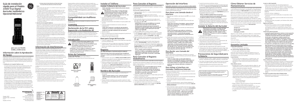 Garantía limitada, Instalar el teléfono, Registro | Nombre del auricular, Información de interferencias, Información sobre la aprobación de equipo, Compatibilidad con audífonos (cca), Licensing, Introducción, Antes de comenzar | GE 00020672 User Manual | Page 2 / 2