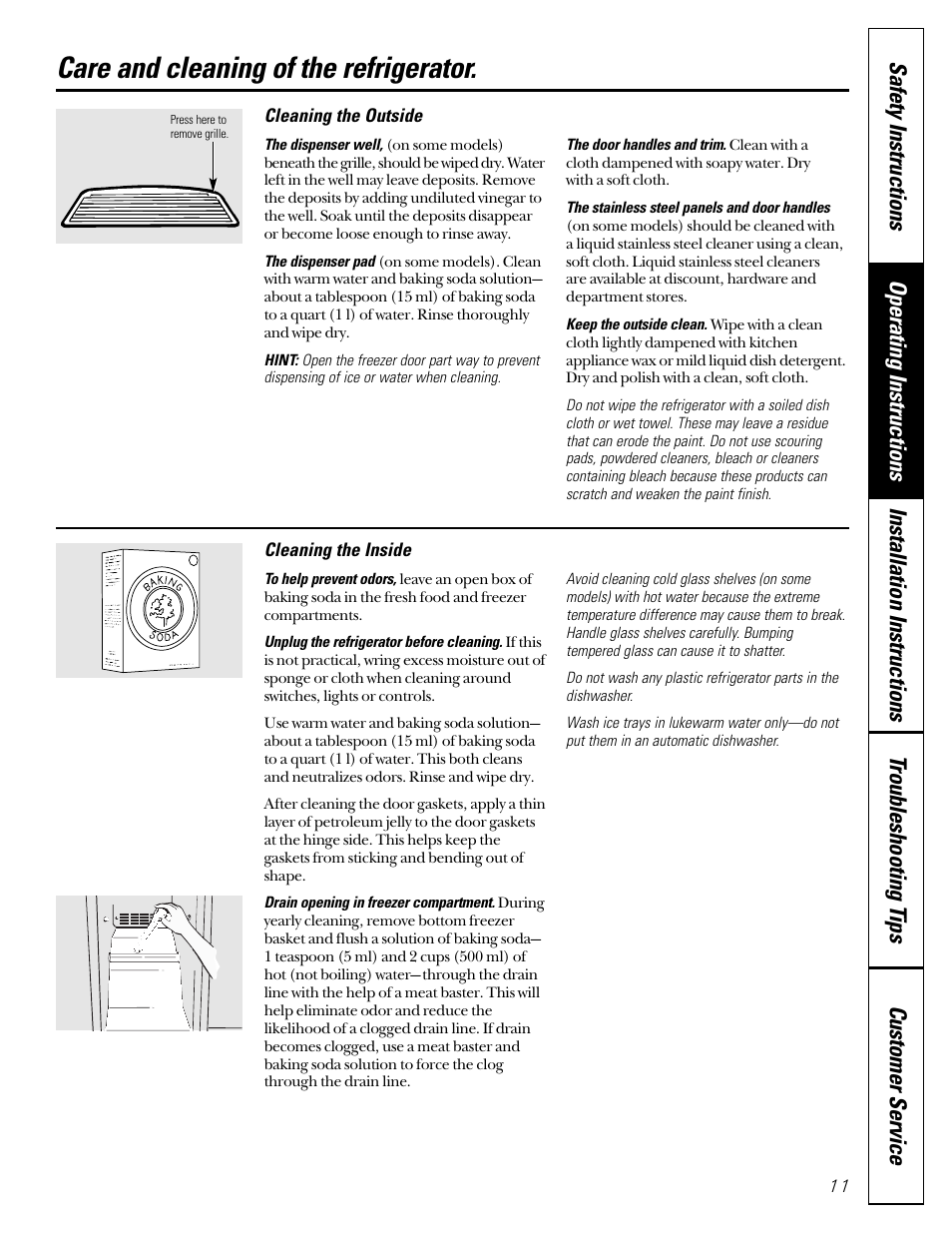 Care and cleaning, Care and cleaning –13, Care and cleaning of the refrigerator | GE 49-60080 7-00 JR User Manual | Page 11 / 76