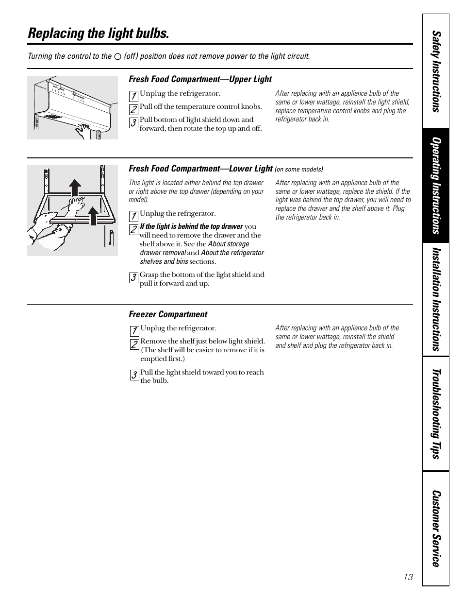 Replacing the light bulbs | GE 49-60080 7-00 JR User Manual | Page 13 / 76