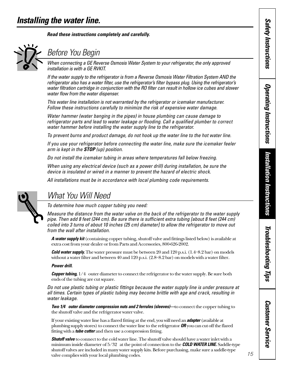 Water line installation, Water line installation –17, Installing the water line | What you will need, Before you begin | GE 49-60080 7-00 JR User Manual | Page 15 / 76