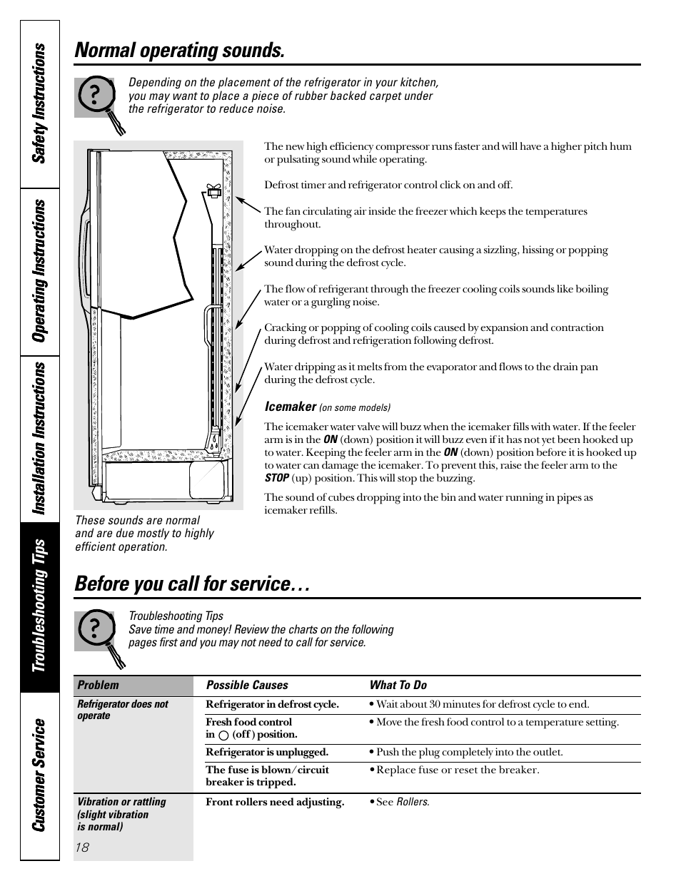 Normal operating sounds, Before you call for service | GE 49-60080 7-00 JR User Manual | Page 18 / 76