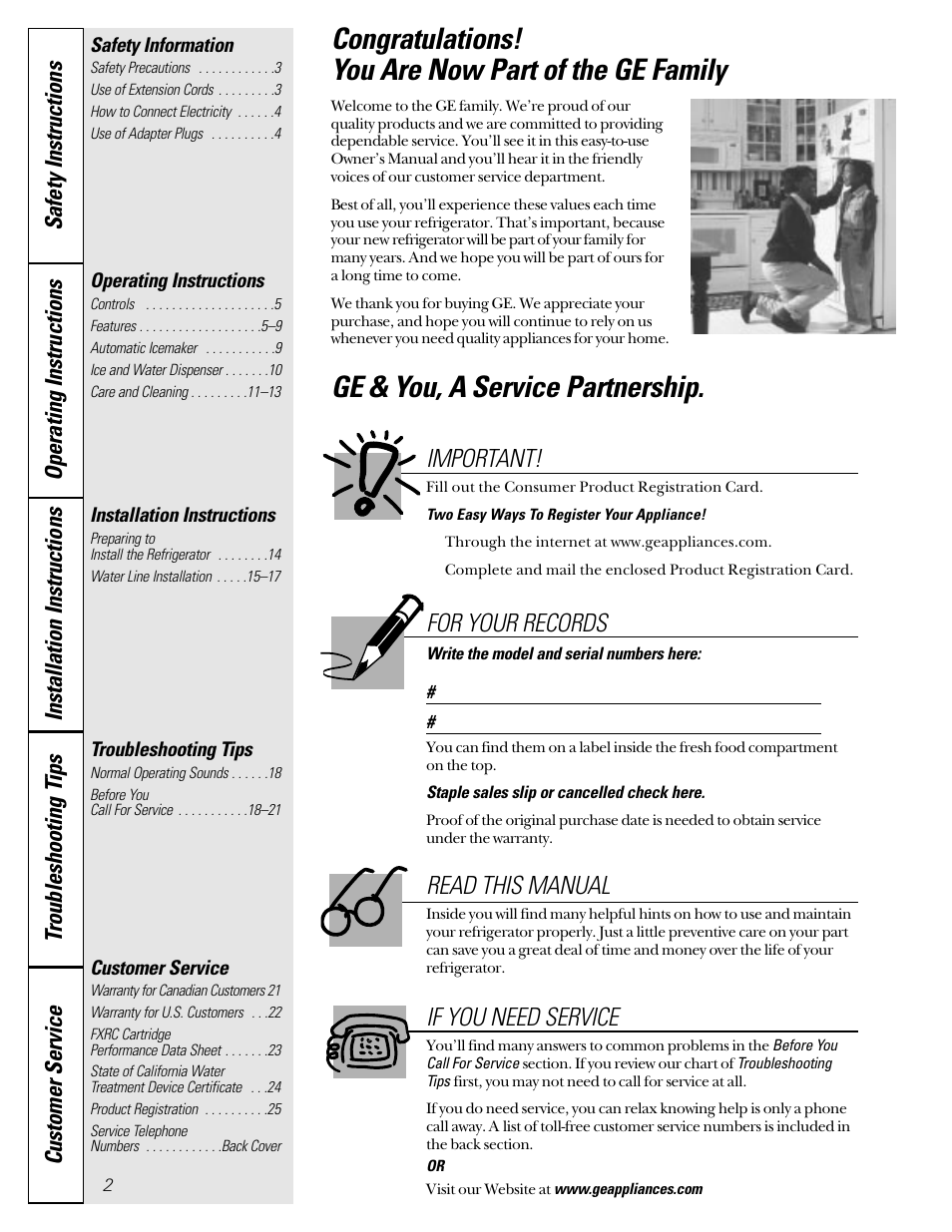 English table of contents, Safety information, Operating instructions | Installation instructions, Troubleshooting tips, Customer service, Ge & you, a service partnership, For your records, Read this manual if you need service, Important | GE 49-60080 7-00 JR User Manual | Page 2 / 76