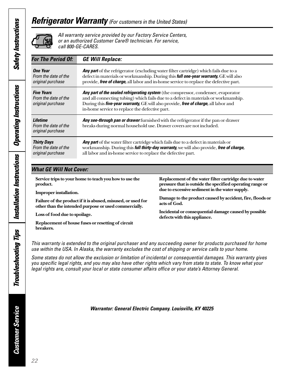 Warranty for u.s. customers, Refrigerator warranty | GE 49-60080 7-00 JR User Manual | Page 22 / 76
