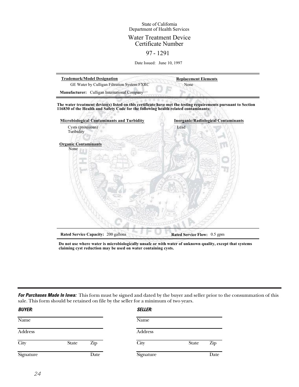 Water treatment device certificate number | GE 49-60080 7-00 JR User Manual | Page 24 / 76