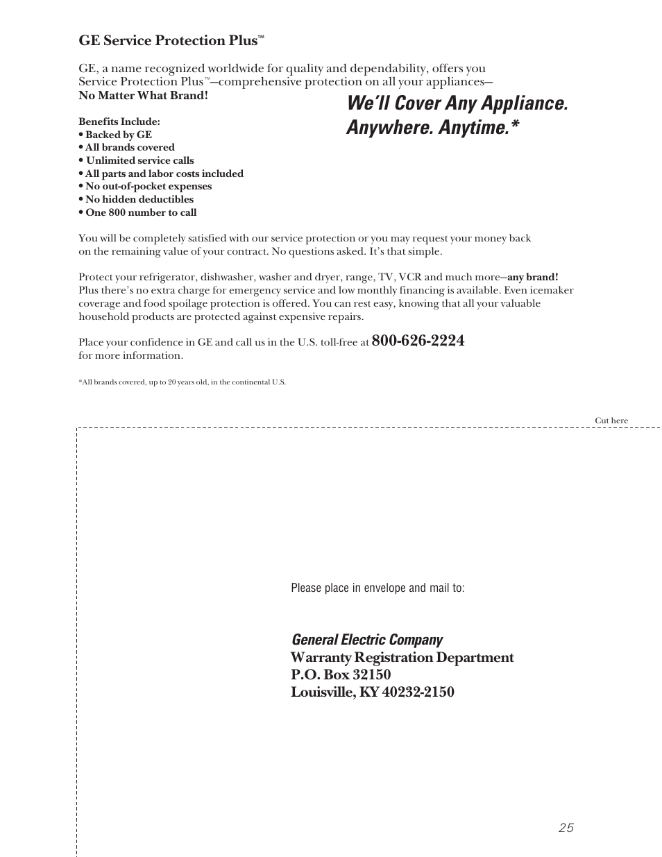 Product registration, We’ll cover any appliance. anywhere. anytime, General electric company | GE 49-60080 7-00 JR User Manual | Page 25 / 76