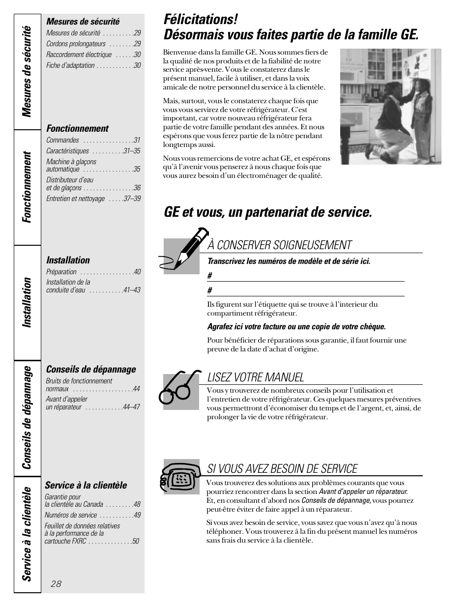 French table of contents, Mesures de sécurité, Fonctionnement | Installation, Conseils de dépannage, Service à la clientèle, Ge et vous, un partenariat de service, À conserver soigneusement, Lisez votre manuel si vous avez besoin de service | GE 49-60080 7-00 JR User Manual | Page 28 / 76