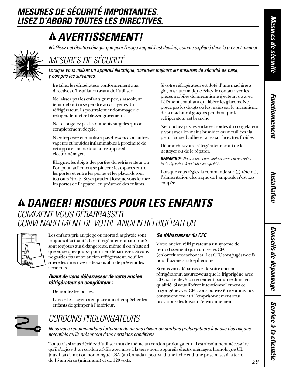 Mesures de sécurité, Cordons prolongateurs, Mesures de sécurité cordons prolongateurs | Avertissement, Danger! risques pour les enfants | GE 49-60080 7-00 JR User Manual | Page 29 / 76