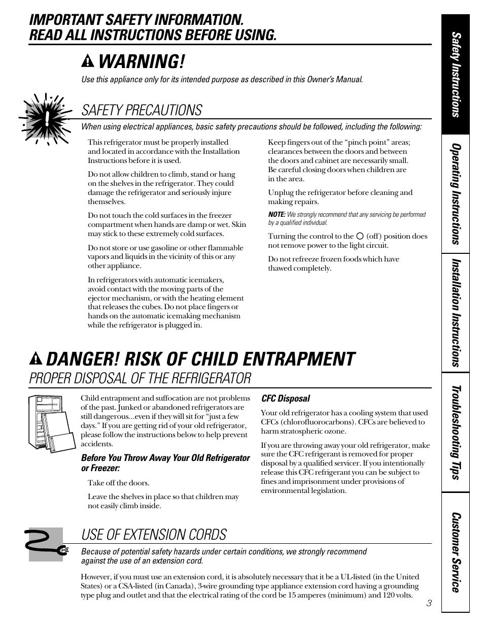 Safety precautions, Use of extension cords, Safety precautions use of extension cords | Warning, Danger! risk of child entrapment, Proper disposal of the refrigerator | GE 49-60080 7-00 JR User Manual | Page 3 / 76