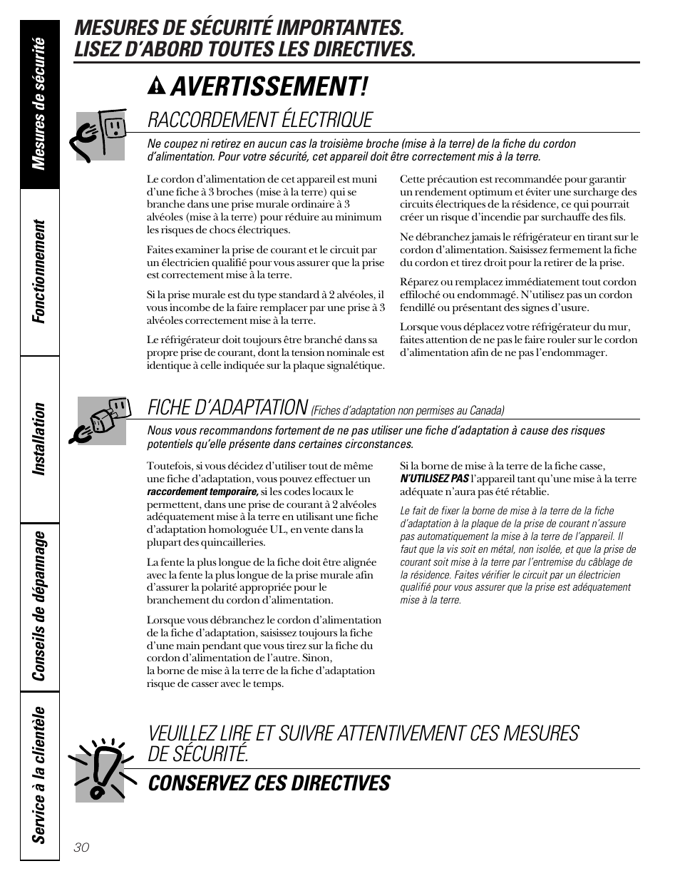 Raccordement électrique, Fiche d’adaptation, Raccordement électrique fiche d’adaptation | Avertissement | GE 49-60080 7-00 JR User Manual | Page 30 / 76