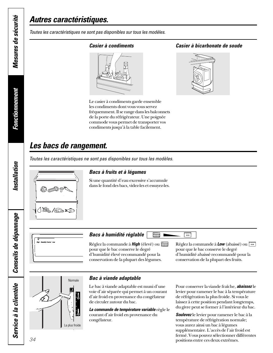 Les bacs de rangement, Autres caractéristiques | GE 49-60080 7-00 JR User Manual | Page 34 / 76