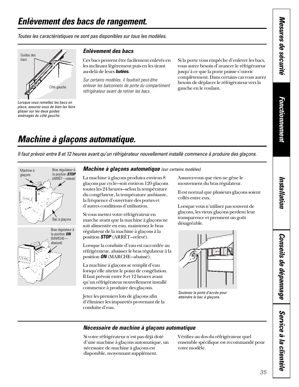 Machine à glaçons automatique, Enlèvement des bacs de rangement | GE 49-60080 7-00 JR User Manual | Page 35 / 76