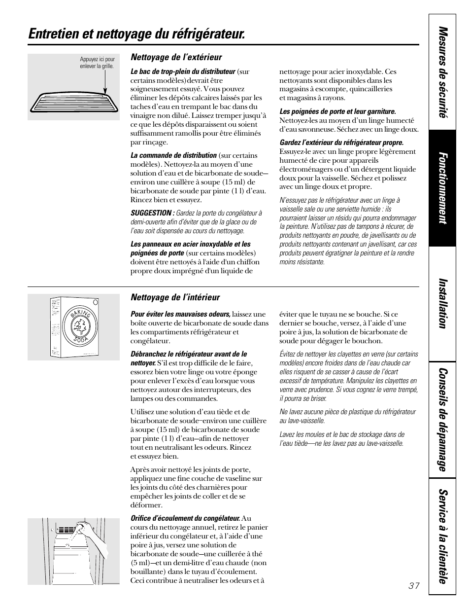 Entretien et nettoyage, Entretien et nettoyage –39, Entretien et nettoyage du réfrigérateur | GE 49-60080 7-00 JR User Manual | Page 37 / 76