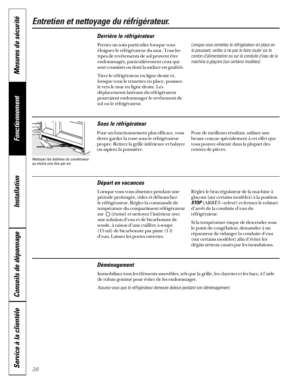 Entretien et nettoyage du réfrigérateur | GE 49-60080 7-00 JR User Manual | Page 38 / 76