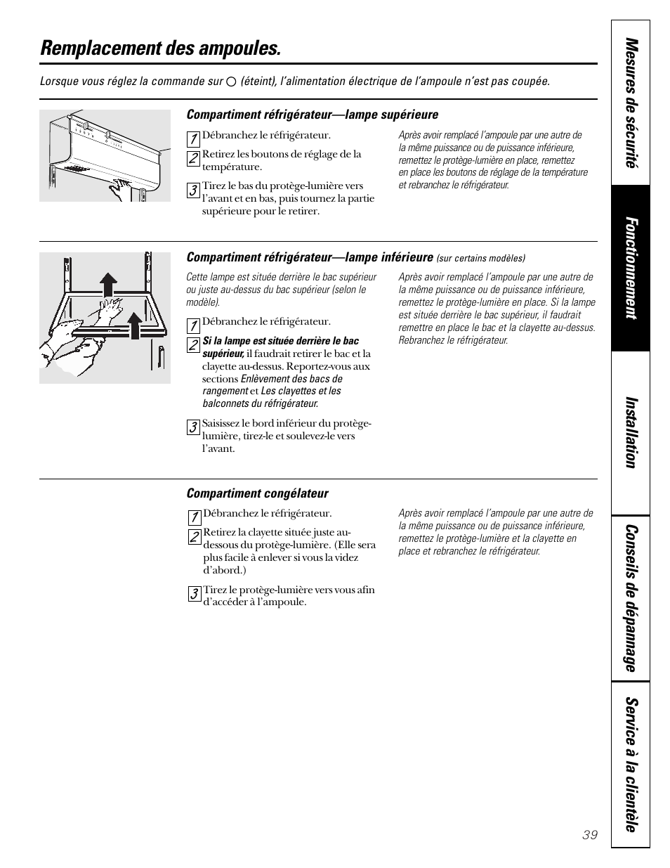 Remplacement des ampoules | GE 49-60080 7-00 JR User Manual | Page 39 / 76