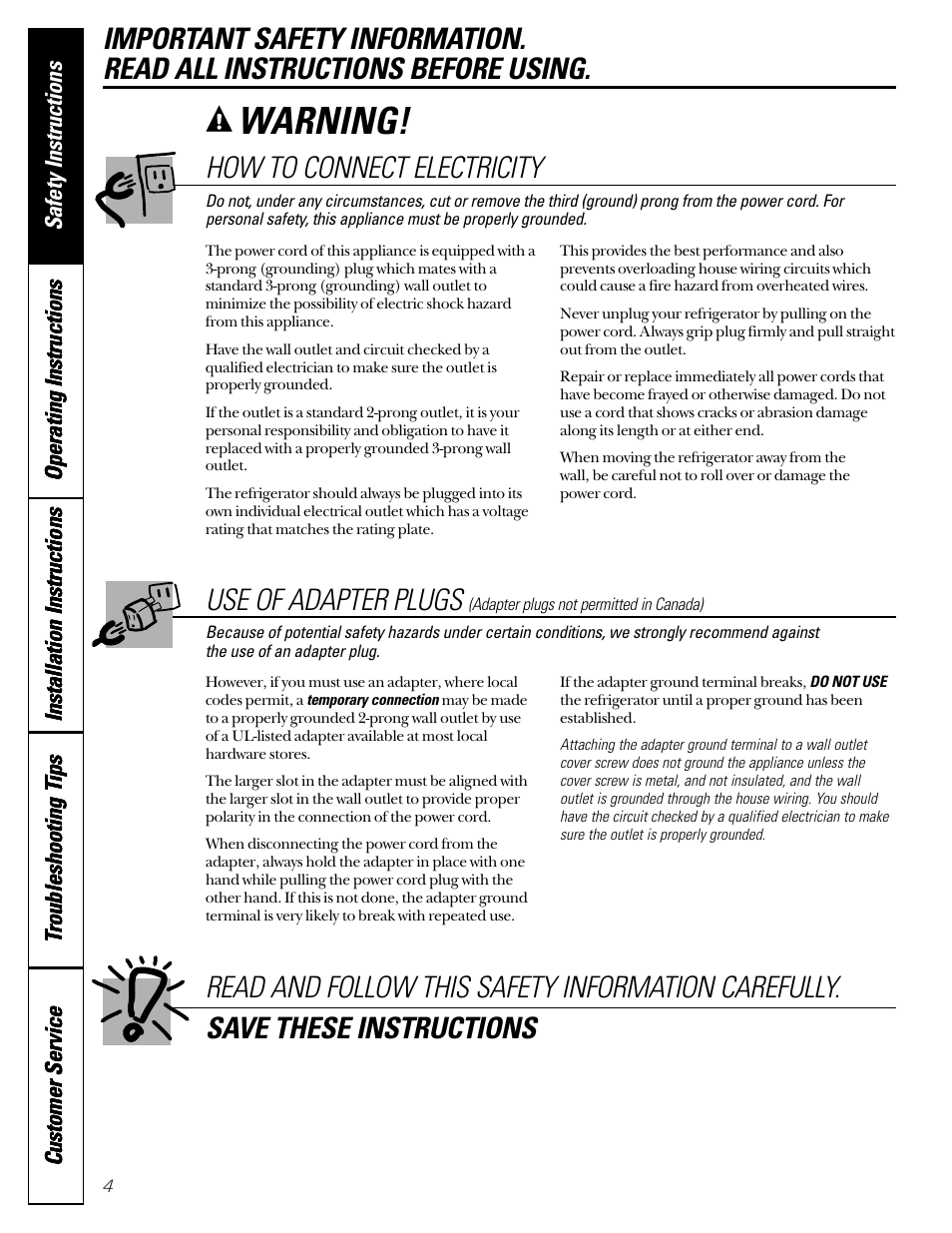 How to connect electricity, Use of adapter plugs, How to connect electricity use of adapter plugs | Warning | GE 49-60080 7-00 JR User Manual | Page 4 / 76