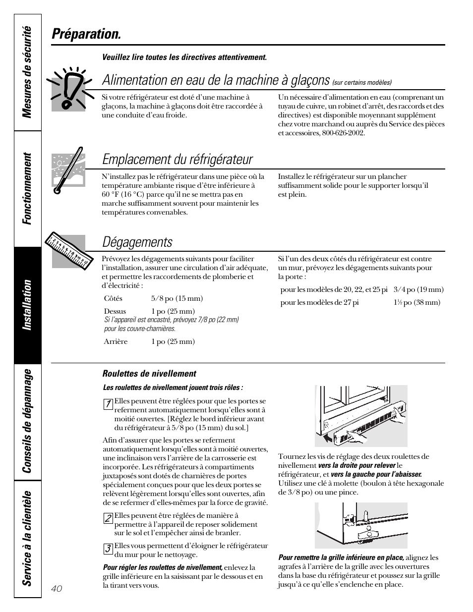 Préparation, Alimentation en eau de la machine à glaçons, Emplacement du réfrigérateur | Dégagements | GE 49-60080 7-00 JR User Manual | Page 40 / 76