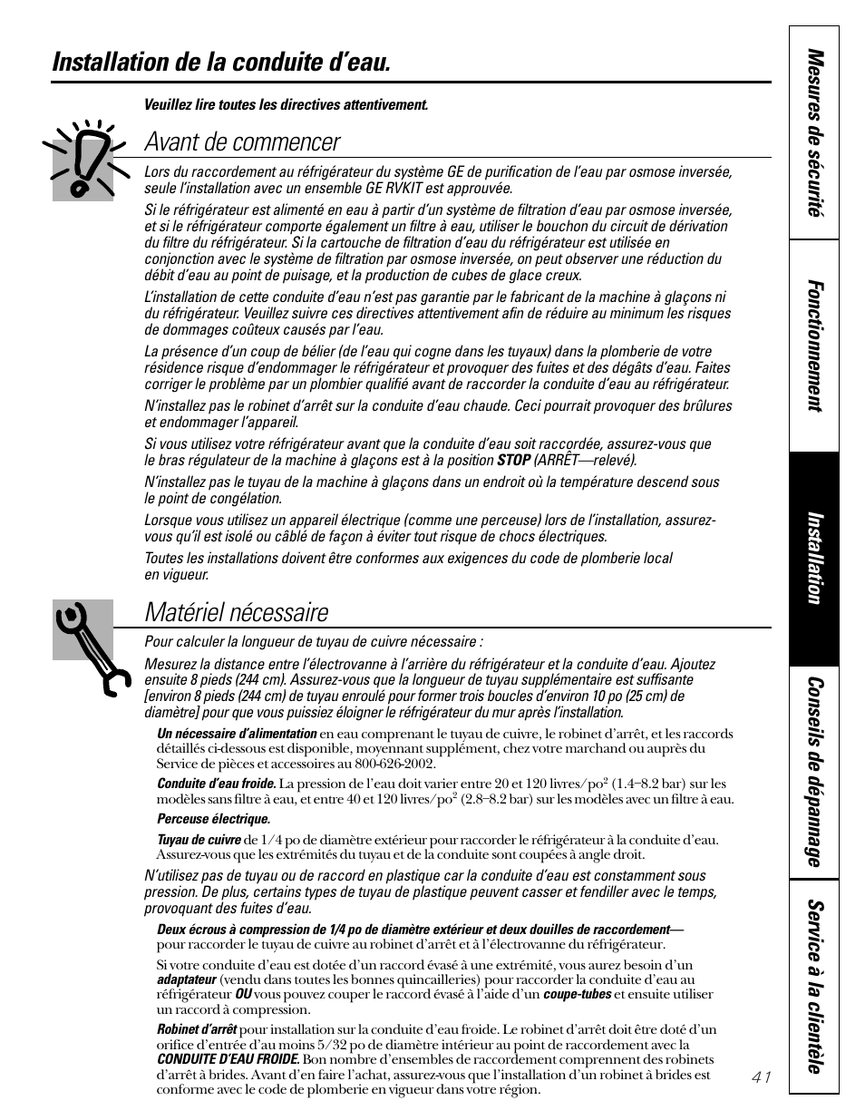 Installation de la conduite d'eau, Installation de la conduite d’eau –43, Installation de la conduite d’eau | Avant de commencer, Matériel nécessaire | GE 49-60080 7-00 JR User Manual | Page 41 / 76