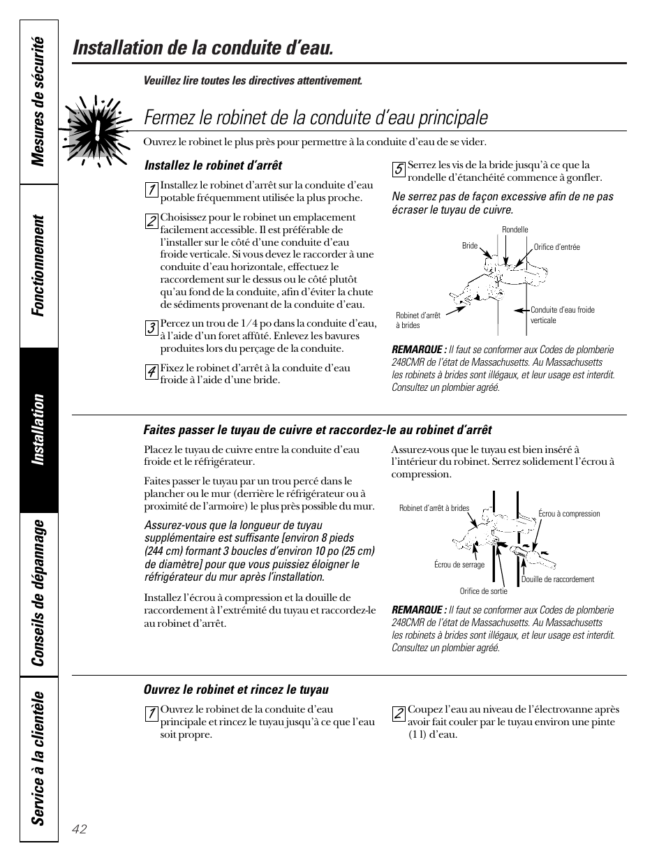 Installation de la conduite d’eau, Fermez le robinet de la conduite d’eau principale | GE 49-60080 7-00 JR User Manual | Page 42 / 76