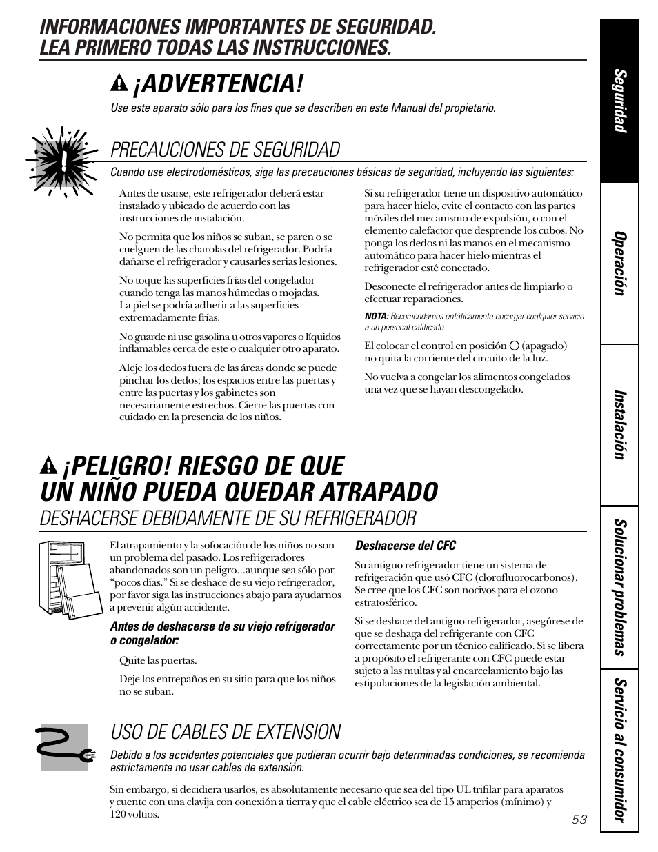 Precauciones de seguridad, Cables de extensión, Precauciones de seguridad cables de extensión | Advertencia, Deshacerse debidamente de su refrigerador, Uso de cables de extension | GE 49-60080 7-00 JR User Manual | Page 53 / 76