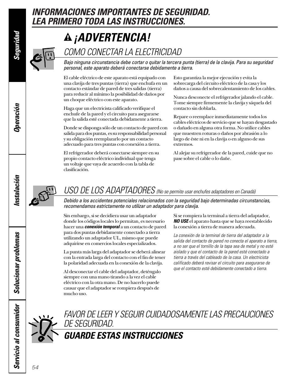 Conectar la electricidad, Adaptadores, Conectar la electricidad adaptadores | Advertencia, Como conectar la electricidad, Uso de los adaptadores | GE 49-60080 7-00 JR User Manual | Page 54 / 76