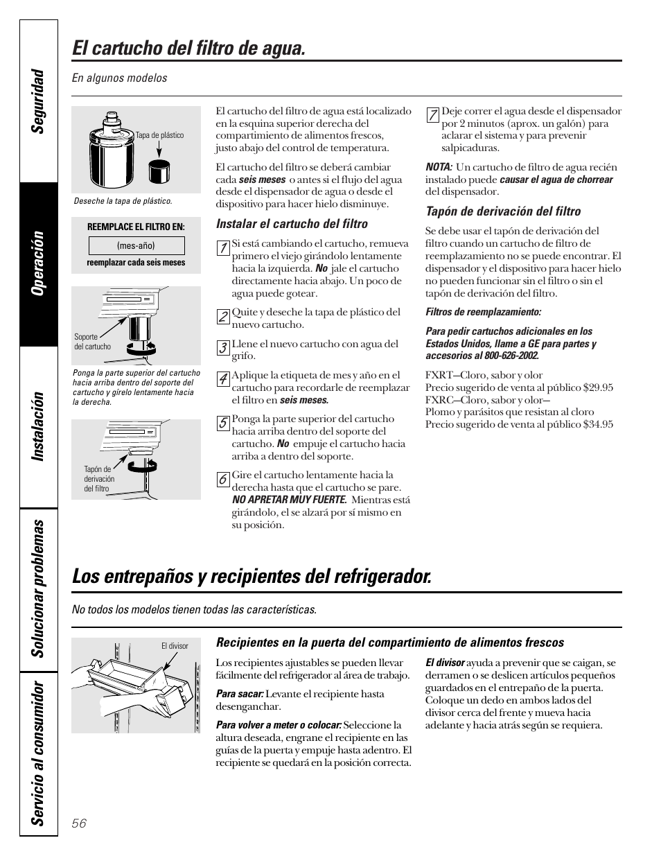 Características, Características –59, El cartucho del filtro de agua | Los entrepaños y recipientes del refrigerador | GE 49-60080 7-00 JR User Manual | Page 56 / 76