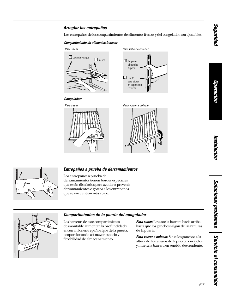 Arreglar los entrepaños, Entrepaños a prueba de derramamientos, Compartimientos de la puerta del congelador | GE 49-60080 7-00 JR User Manual | Page 57 / 76