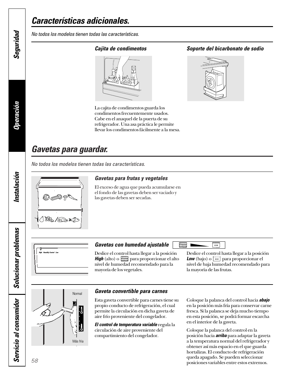 Gavetas para guardar, Características adicionales | GE 49-60080 7-00 JR User Manual | Page 58 / 76