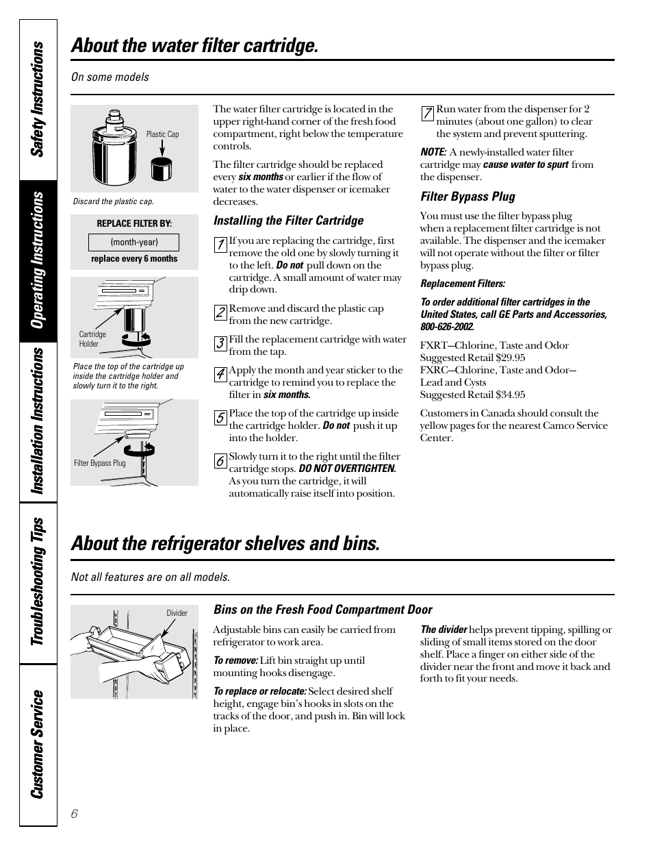 About the water filter cartridge, About the refrigerator shelves and bins | GE 49-60080 7-00 JR User Manual | Page 6 / 76