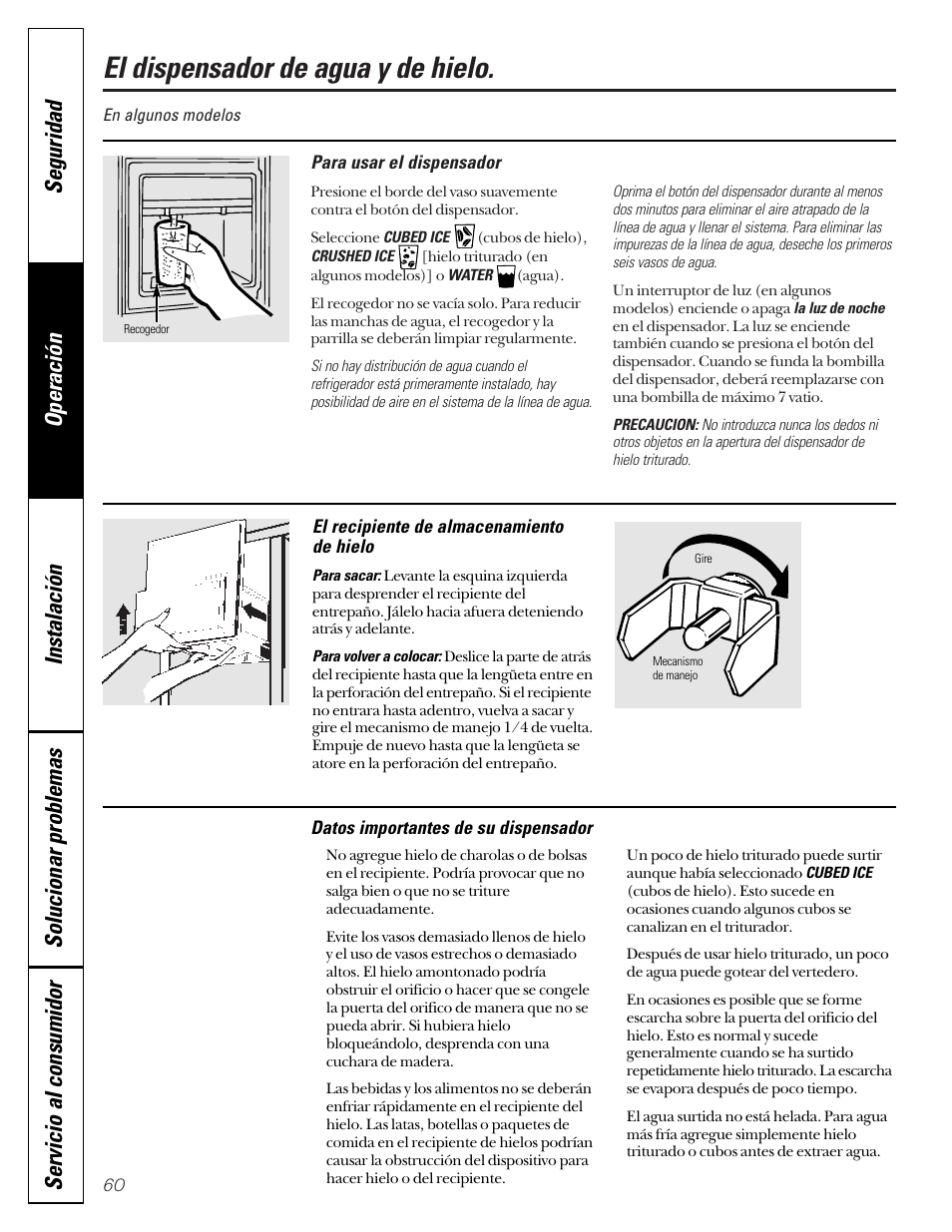 Dispensador de hielo y de agua, El dispensador de agua y de hielo | GE 49-60080 7-00 JR User Manual | Page 60 / 76