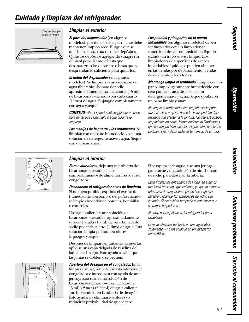 Cuidado y limpieza, Cuidado y limpieza -63, Cuidado y limpieza del refrigerador | GE 49-60080 7-00 JR User Manual | Page 61 / 76