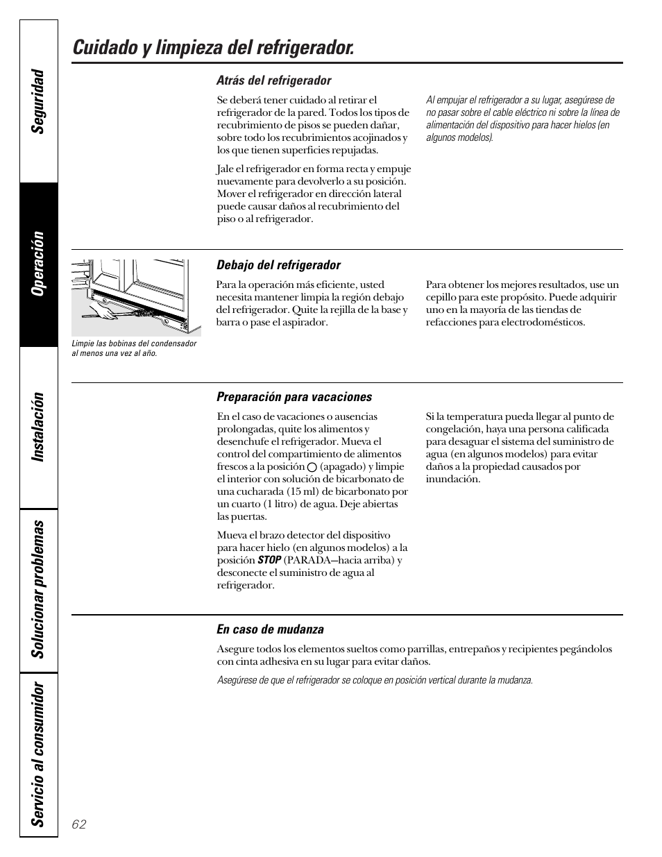 Cuidado y limpieza del refrigerador | GE 49-60080 7-00 JR User Manual | Page 62 / 76