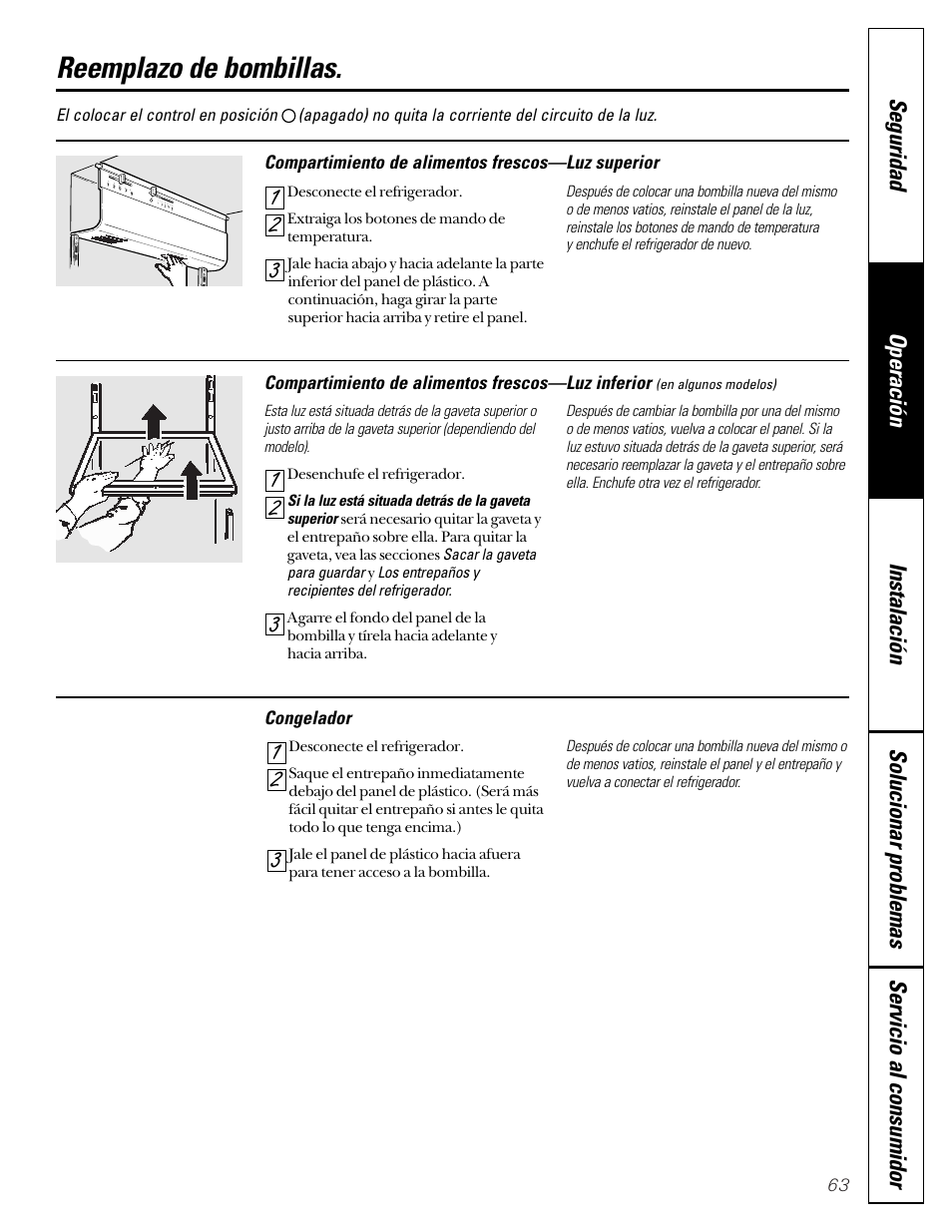 Reemplazo de bombillas | GE 49-60080 7-00 JR User Manual | Page 63 / 76