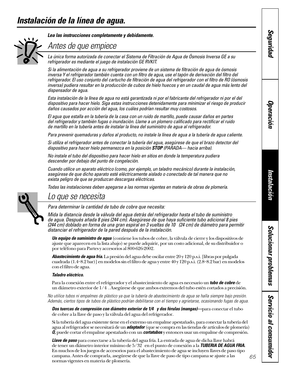 Instalación de la línea de agua, Instalación de la línea de agua -67, Antes de que empiece lo que se necesita | GE 49-60080 7-00 JR User Manual | Page 65 / 76