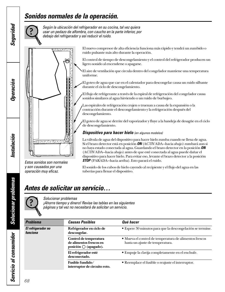 Sonidos normales de la operación, Antes de solicitar un servicio | GE 49-60080 7-00 JR User Manual | Page 68 / 76