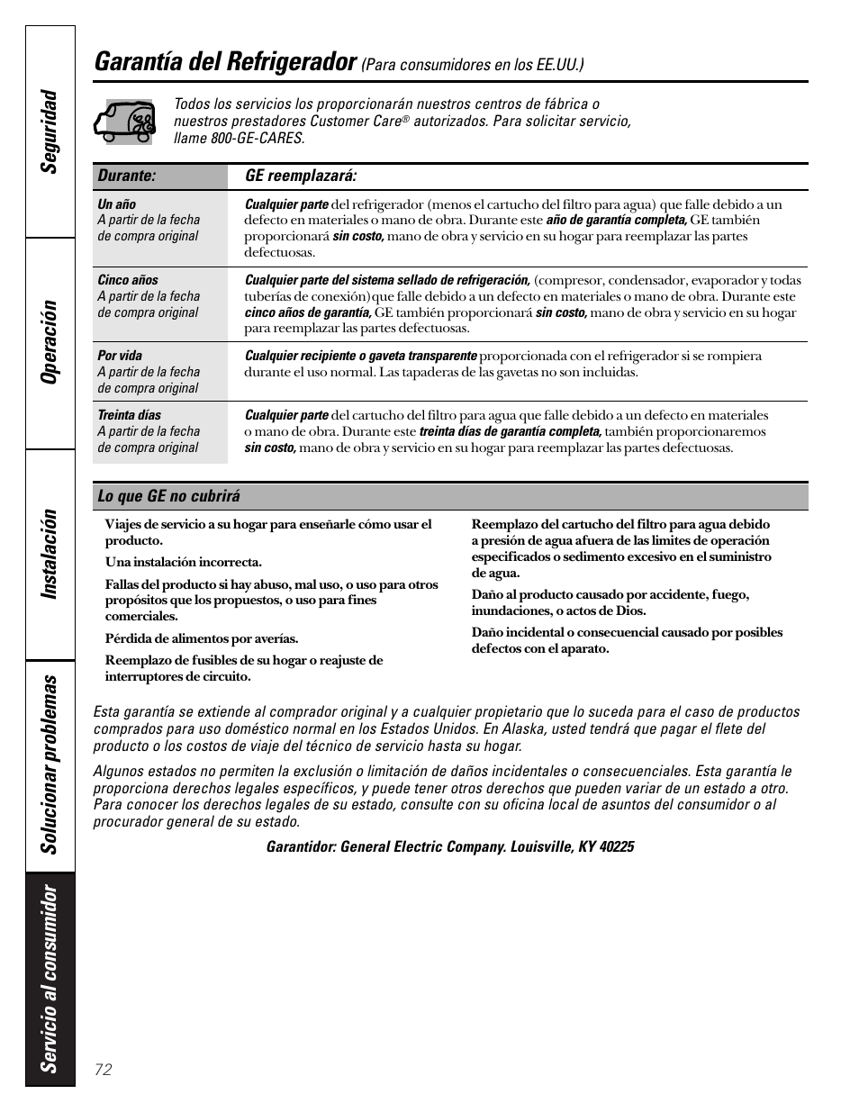 Garantía para consumidores en los estados unidos, Garantía del refrigerador | GE 49-60080 7-00 JR User Manual | Page 72 / 76