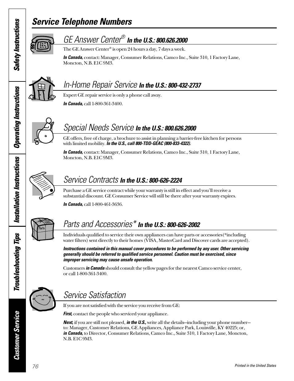 Service telephone numbers, Service telephone numbers ge answer center, In-home repair service | Special needs service, Service contracts, Parts and accessories, Service satisfaction | GE 49-60080 7-00 JR User Manual | Page 76 / 76