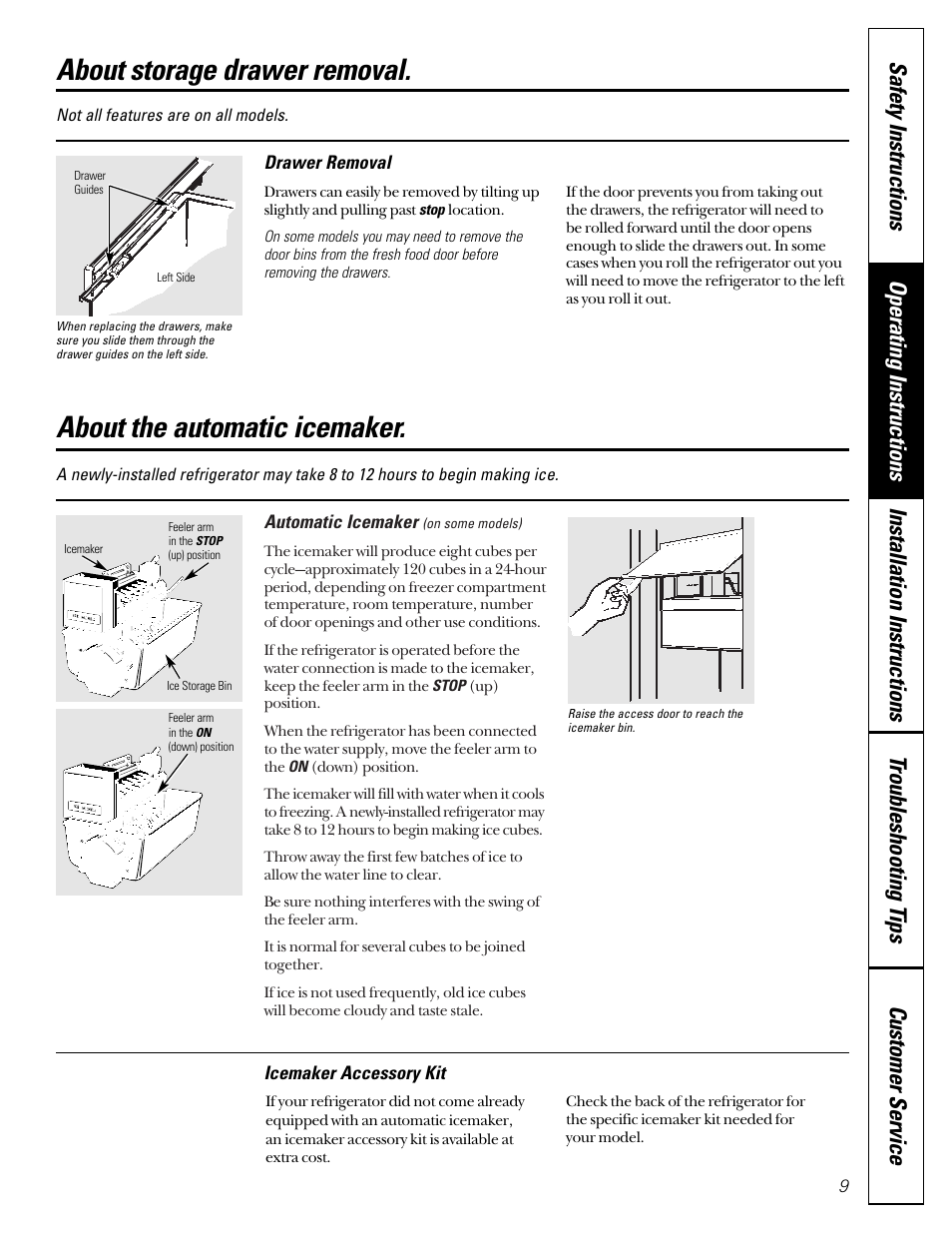 Automatic icemaker, About storage drawer removal, About the automatic icemaker | GE 49-60080 7-00 JR User Manual | Page 9 / 76