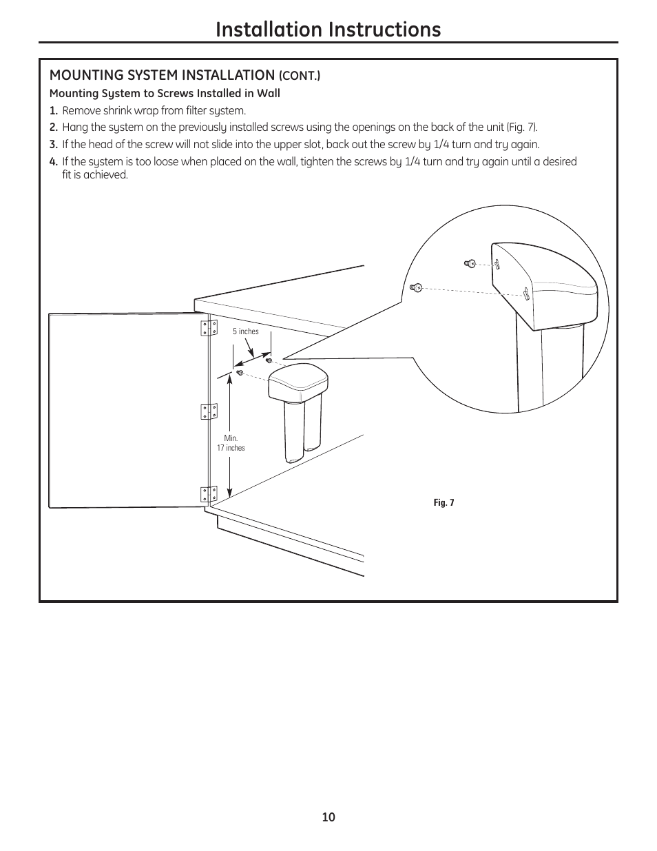 Installation instructions, Mounting system installation | GE GNSV70RBL User Manual | Page 10 / 16