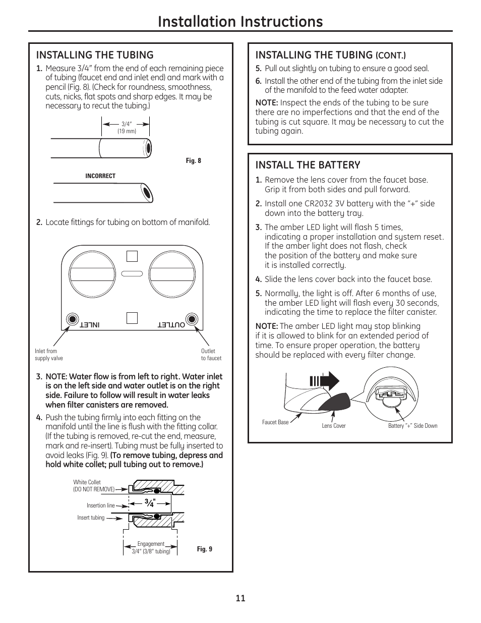 Battery installation, Installing the tubing, Installation instructions | Install the battery | GE GNSV70RBL User Manual | Page 11 / 16