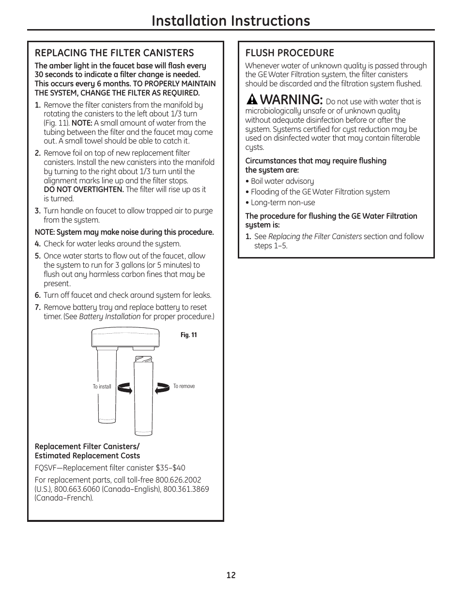 Filter replacement, Flush procedure, Filter replacement flush procedure | Installation instructions, Warning | GE GNSV70RBL User Manual | Page 12 / 16