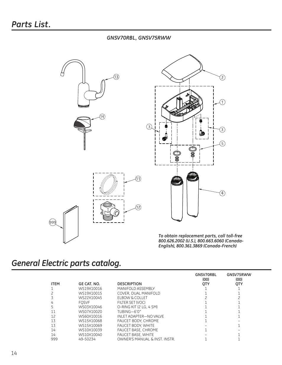 Parts list/catalog, Parts list. general electric parts catalog, Gnsv70rbl, gnsv75rww | GE GNSV70RBL User Manual | Page 14 / 16