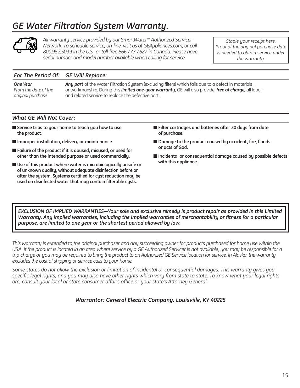 Warranty, Ge water filtration system warranty | GE GNSV70RBL User Manual | Page 15 / 16